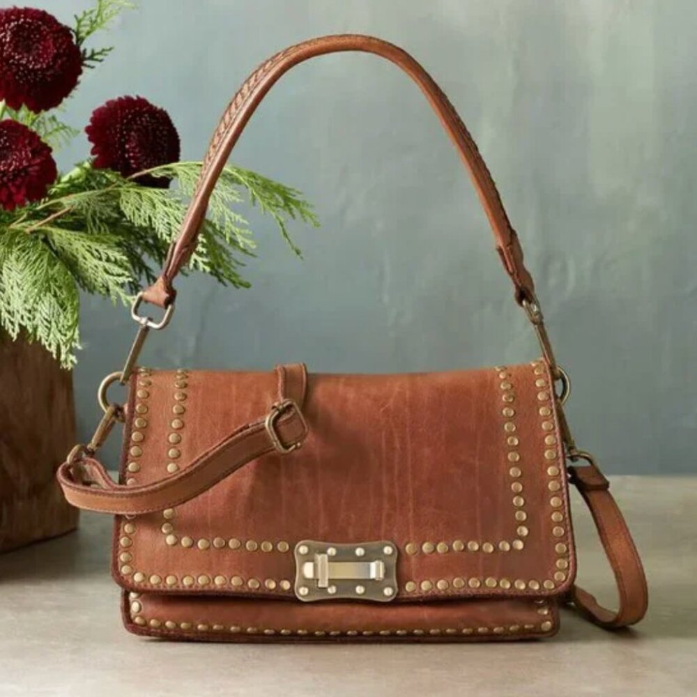 SUNDANCE Tan‎ Brown Gold Leather Promenade Studded Bag Purse NWT Western Boho